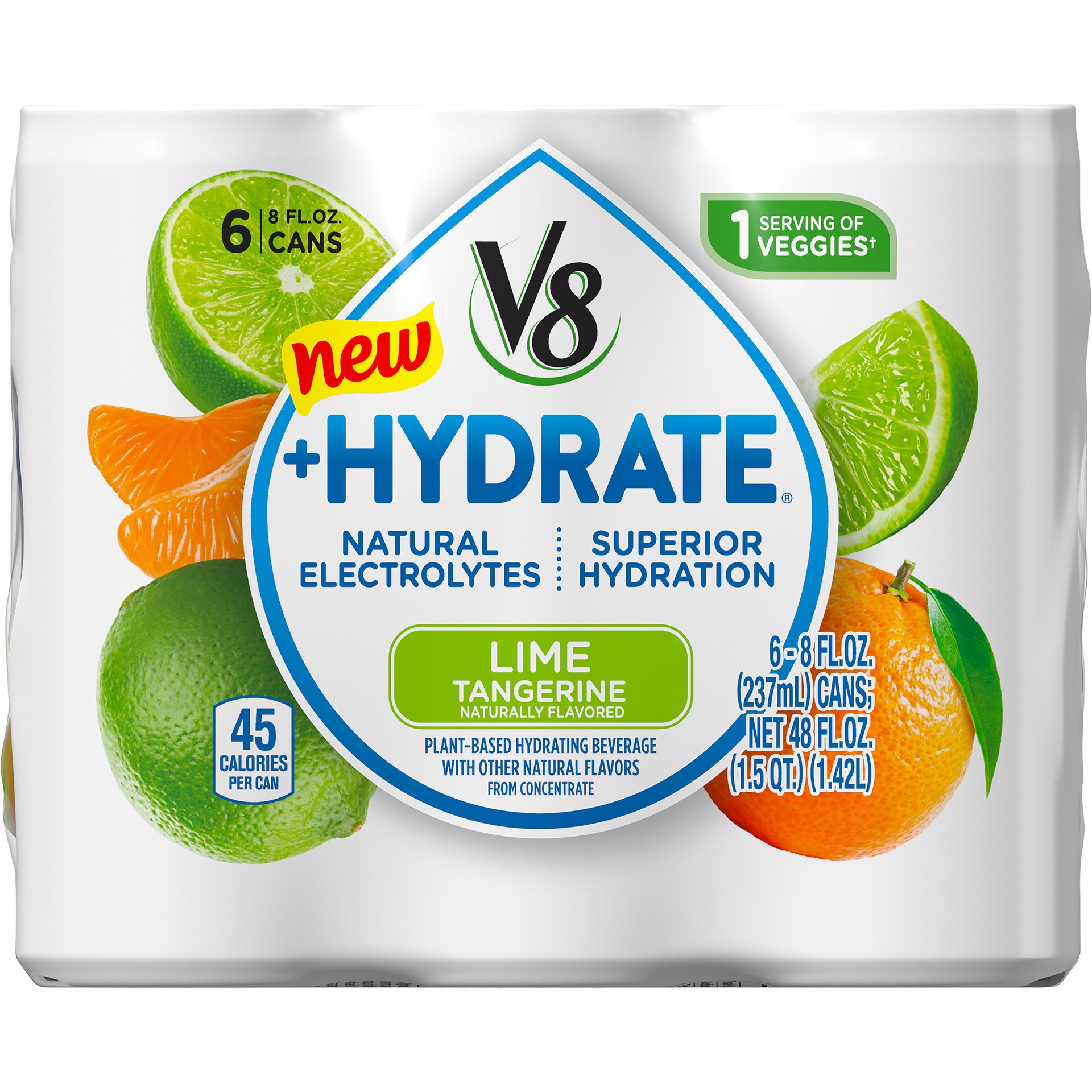 slide 2 of 5, V8 +Hydrate Plant-Based Hydrating Beverage, Lime Tangerine, 8 oz. Can (Pack of 6), 48 oz