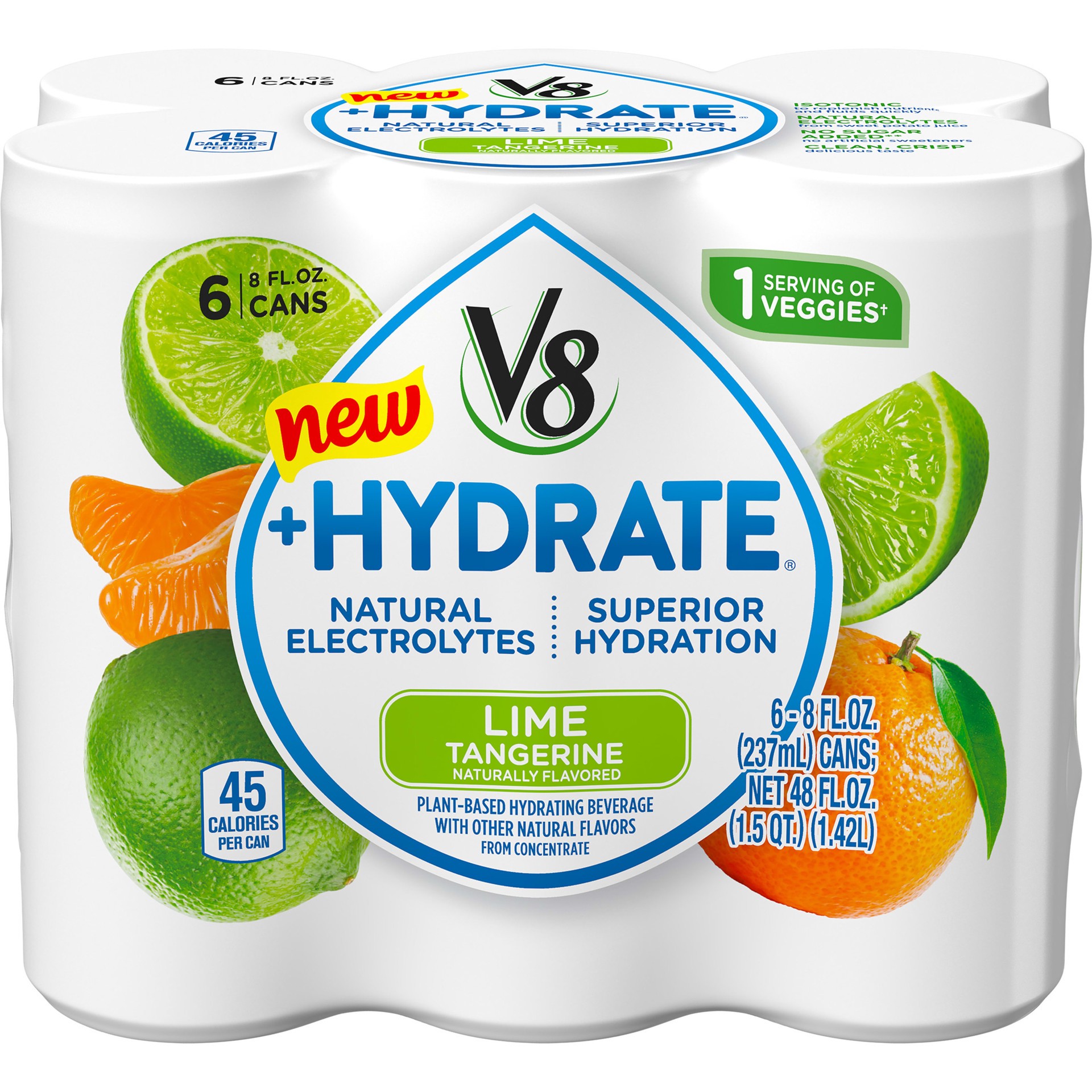 slide 1 of 5, V8 +Hydrate Plant-Based Hydrating Beverage, Lime Tangerine, 8 oz. Can (Pack of 6), 48 oz