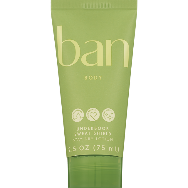 slide 1 of 1, Ban Underboob Sweat Shield Stay Dry Lotion, Safe for Sensitive Skin, Free of Aluminum, Baking Soda & Talc, Soothing Aloe & Calendula, Unscented, 2.5 Oz, 2.50 fl oz