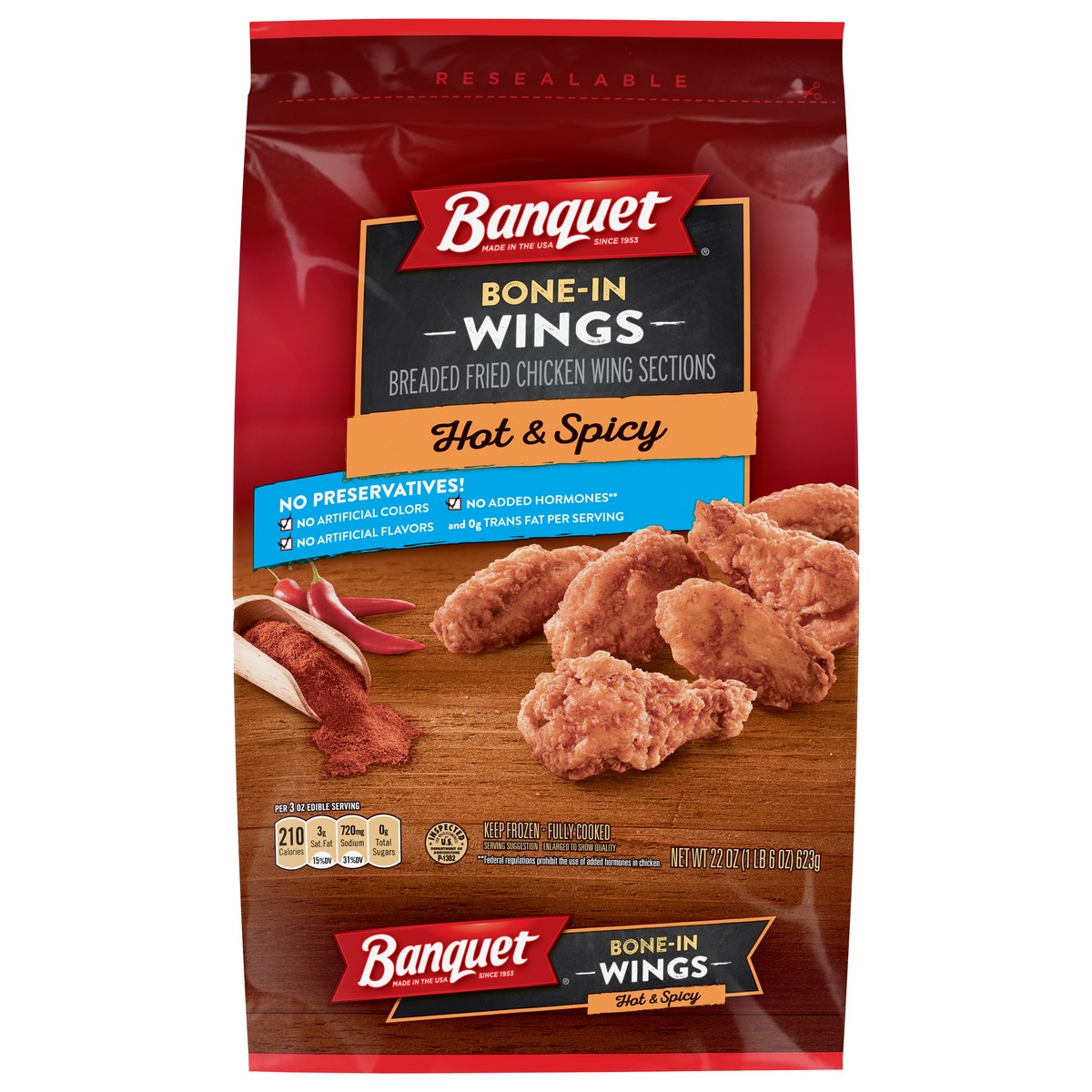 slide 1 of 5, Banquet Frozen Meal, Hot & Spicy Bone-In Wings, 22 Ounce, 22 oz