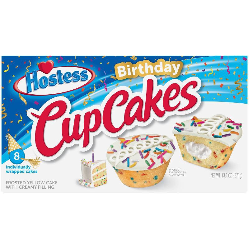 slide 1 of 4, HOSTESS Birthday Cupcakes, Frosted Cupcakes, Individually Wrapped, Creamy Center, 8 ct; 13.1 oz