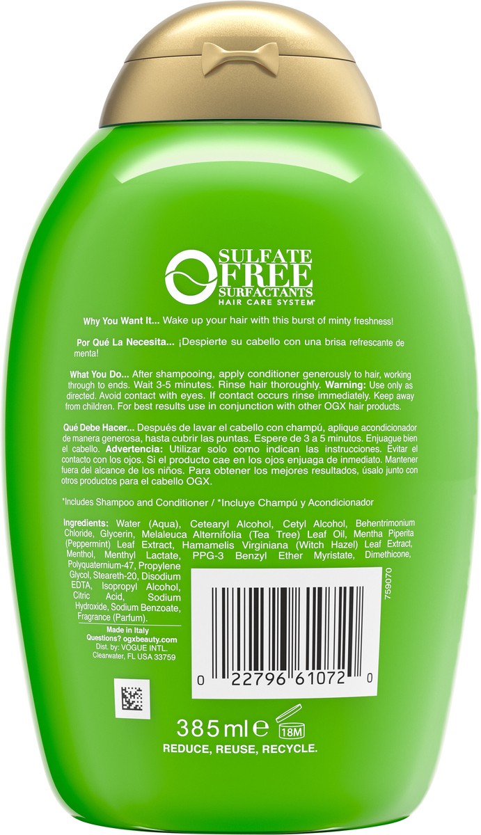 slide 3 of 10, OGX Extra Strength Refreshing Scalp + Teatree Mint Conditioner, Invigorating Conditioner with Tea Tree & Peppermint Oil & Witch Hazel, Paraben-Free, Sulfate-Free Surfactants, 13 Fl Oz, 385 ml