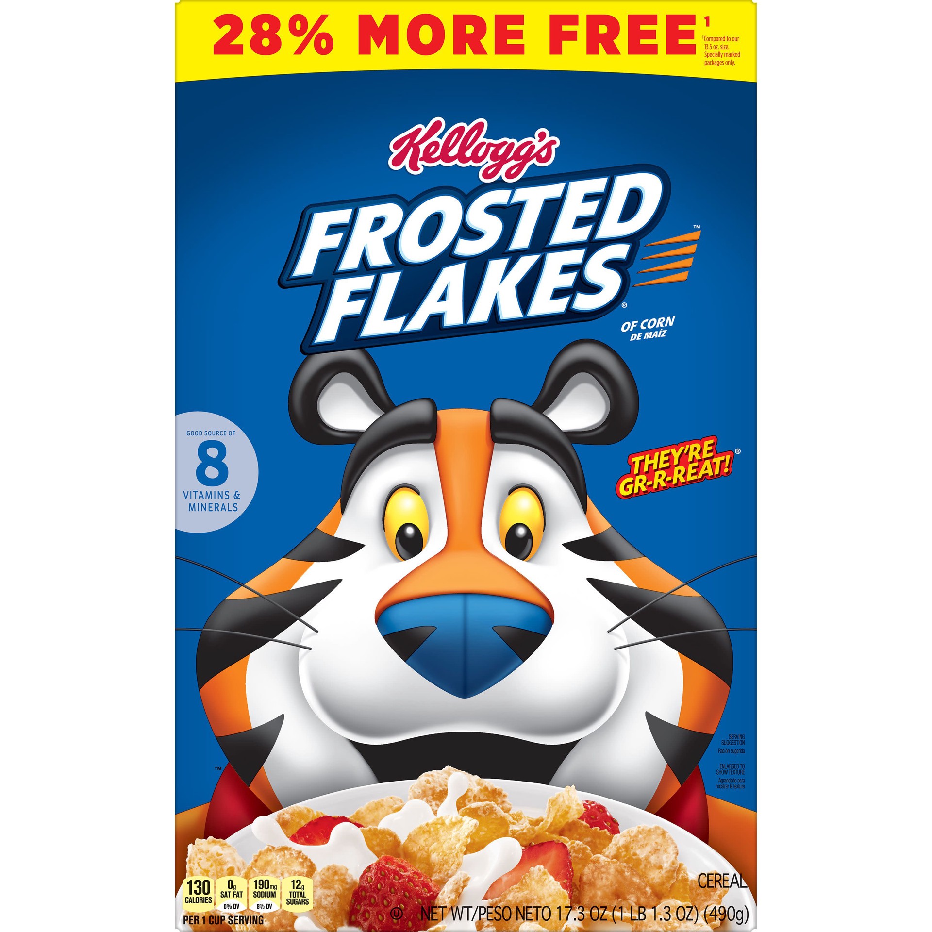 slide 4 of 5, Frosted Flakes Kellogg's Frosted Flakes Breakfast Cereal, Kids Cereal, Family Breakfast, 28% More Free, Original, 17.3oz Box, 1 Box, 17.3 oz