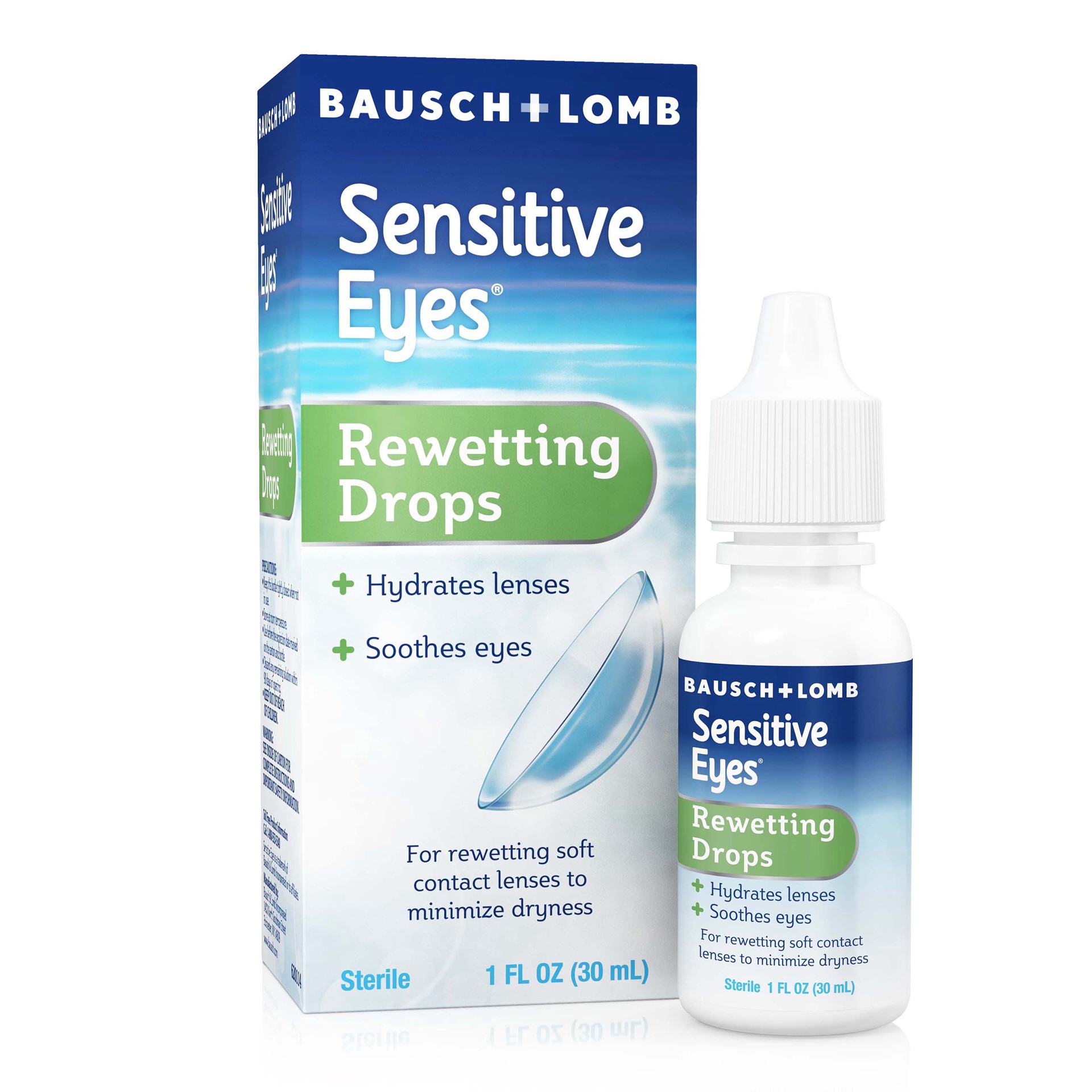 slide 1 of 9, Sensitive Eyes Contact Lens Rewetting Drops by Bausch & Lomb, for Rewetting Soft Contact Lenses, 1 Fl Oz (30 mL), 1 oz