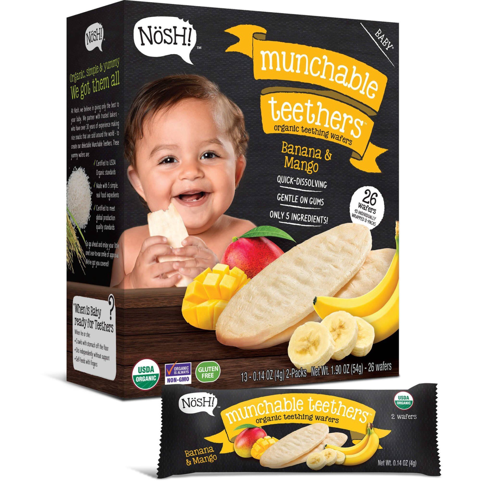 slide 1 of 2, Nosh Banana & Mango Organic Teething Wafers, 13 ct