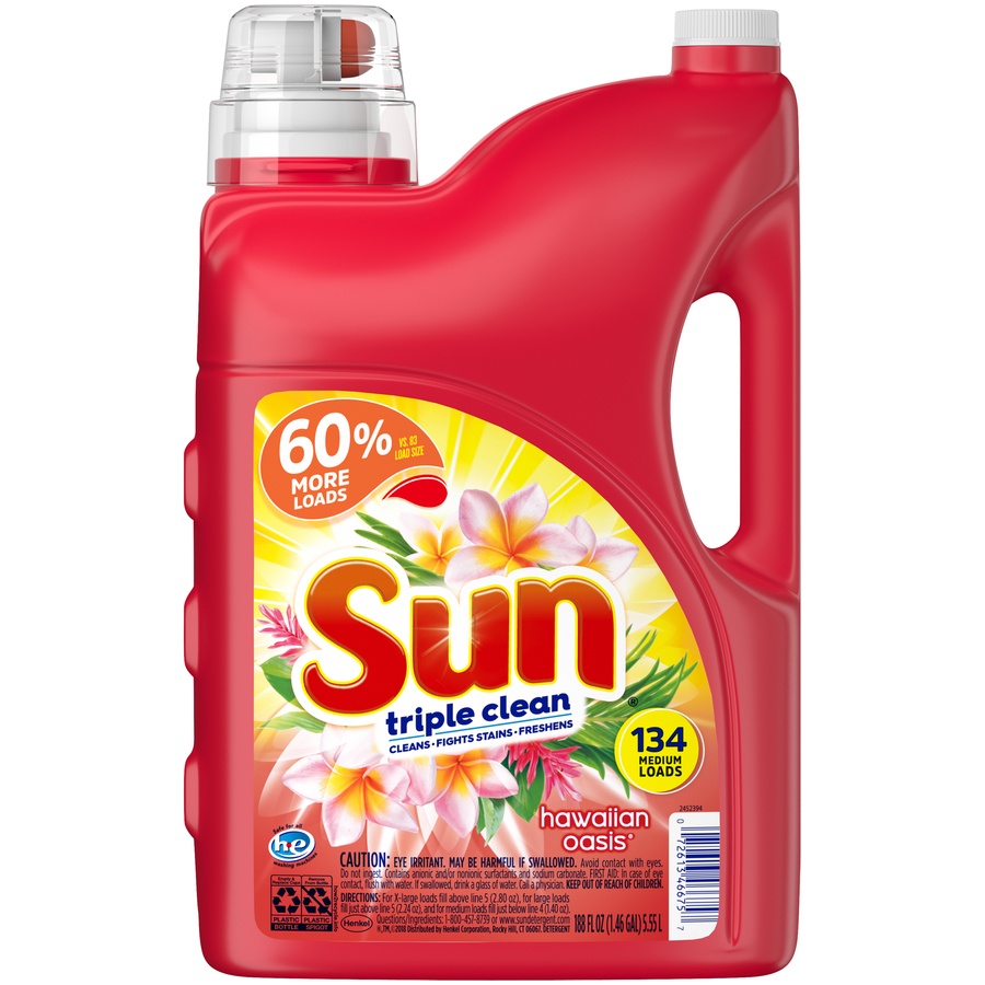 slide 1 of 1, Sun Triple Clean Hawaiian Oasis Liquid Laundry Detergent, 188 oz