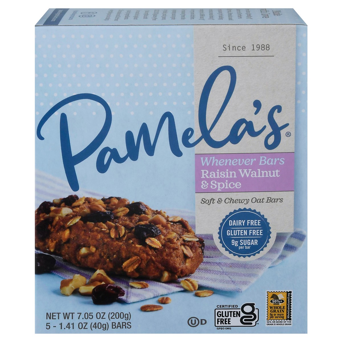 slide 1 of 9, Pamela's Whenever Bars Soft & Chewy Raisin Walnut & Spice Oat 5 - 1.41 oz Bars, 5 ct; 1.41 oz