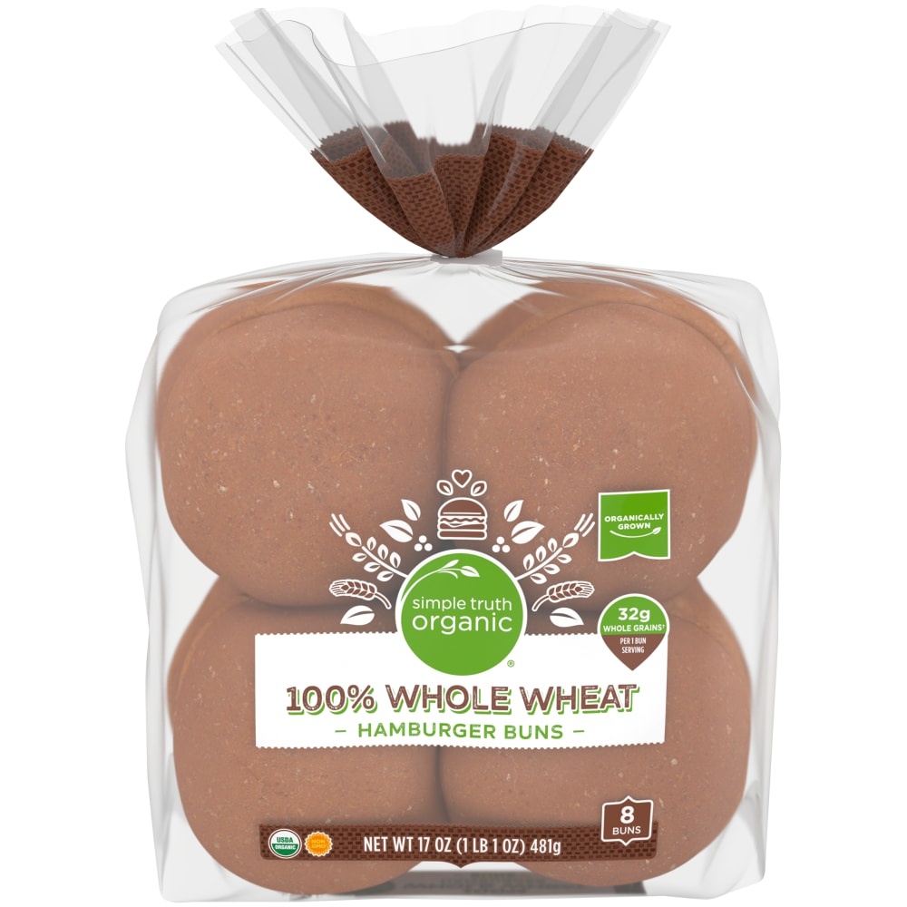 slide 1 of 1, Simple Truth Organic 100% Whole Wheat Hamburger Buns, 8 ct