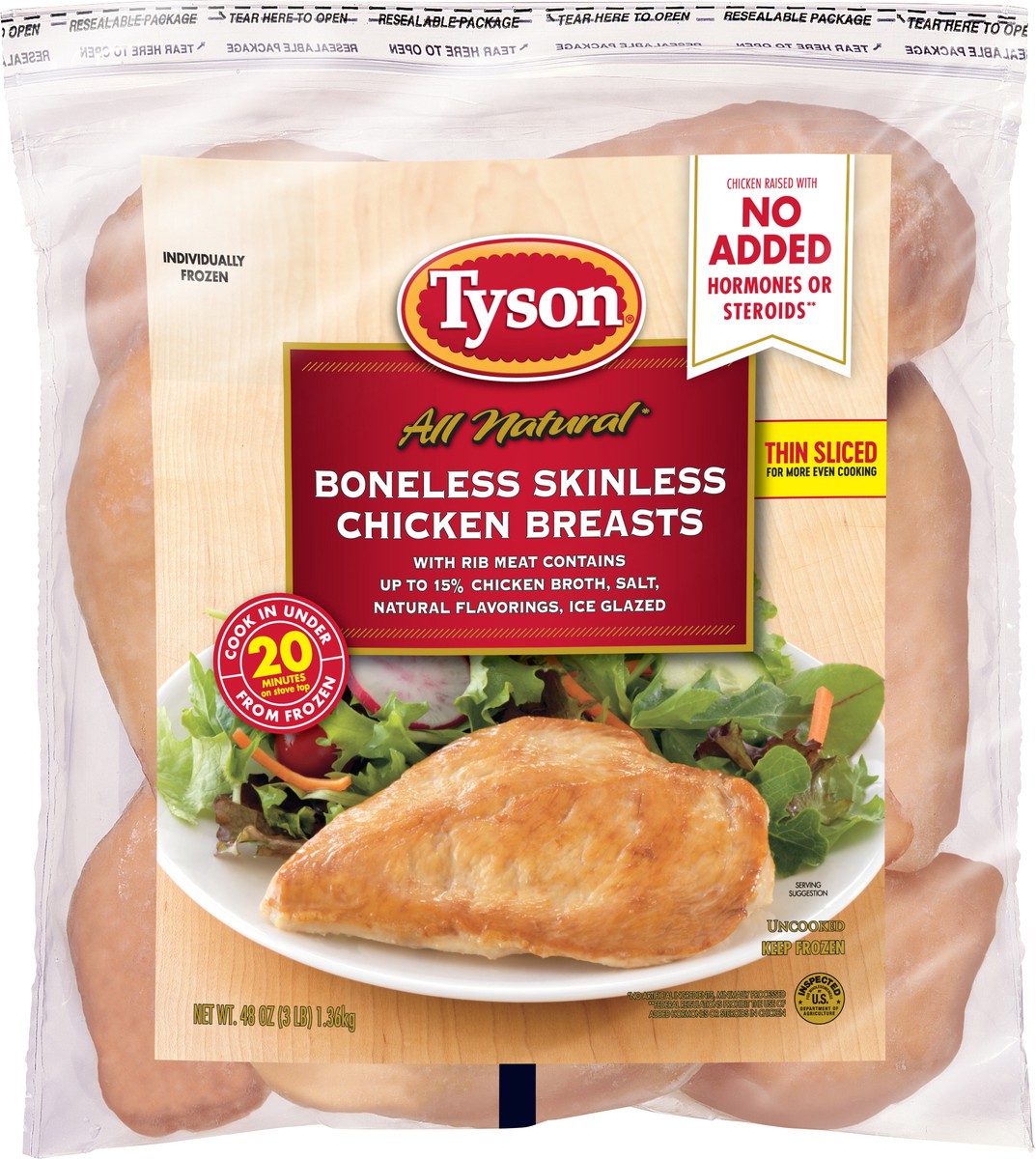 slide 4 of 5, Tyson All Natural* Boneless Skinless Chicken Breasts, 3 lb (Frozen), 1.36 kg