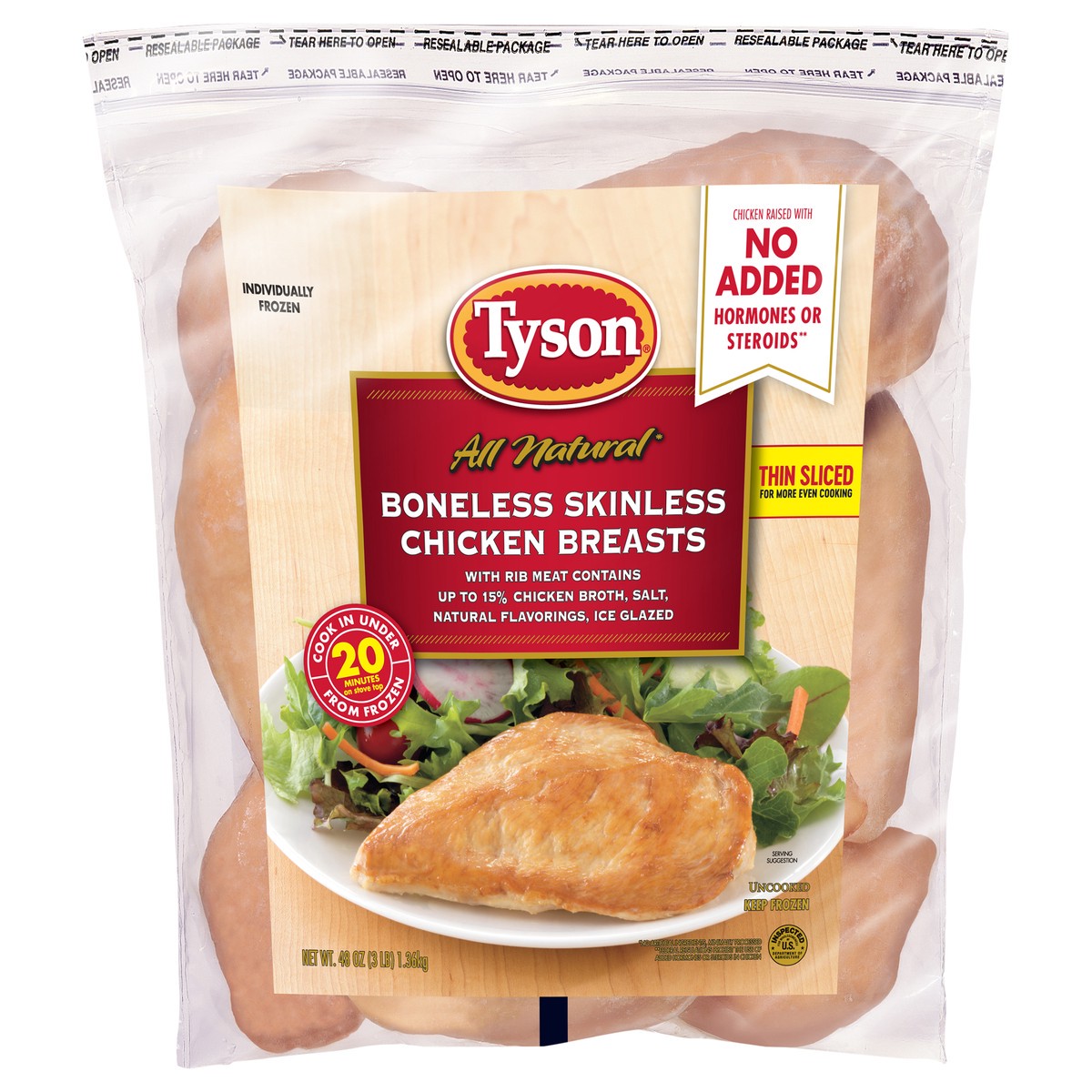 slide 1 of 5, Tyson All Natural* Boneless Skinless Chicken Breasts, 3 lb (Frozen), 1.36 kg