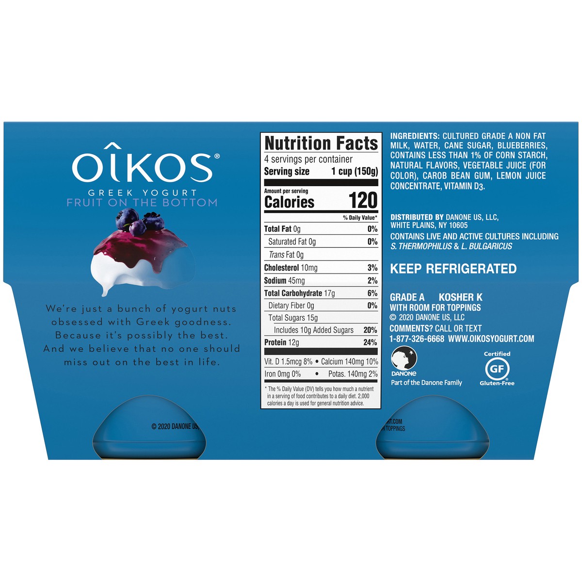 slide 6 of 8, Oikos Fruit on the Bottom Blueberry Yogurt, 5.3 Oz. Cups, 4 Count, 1.32 lb