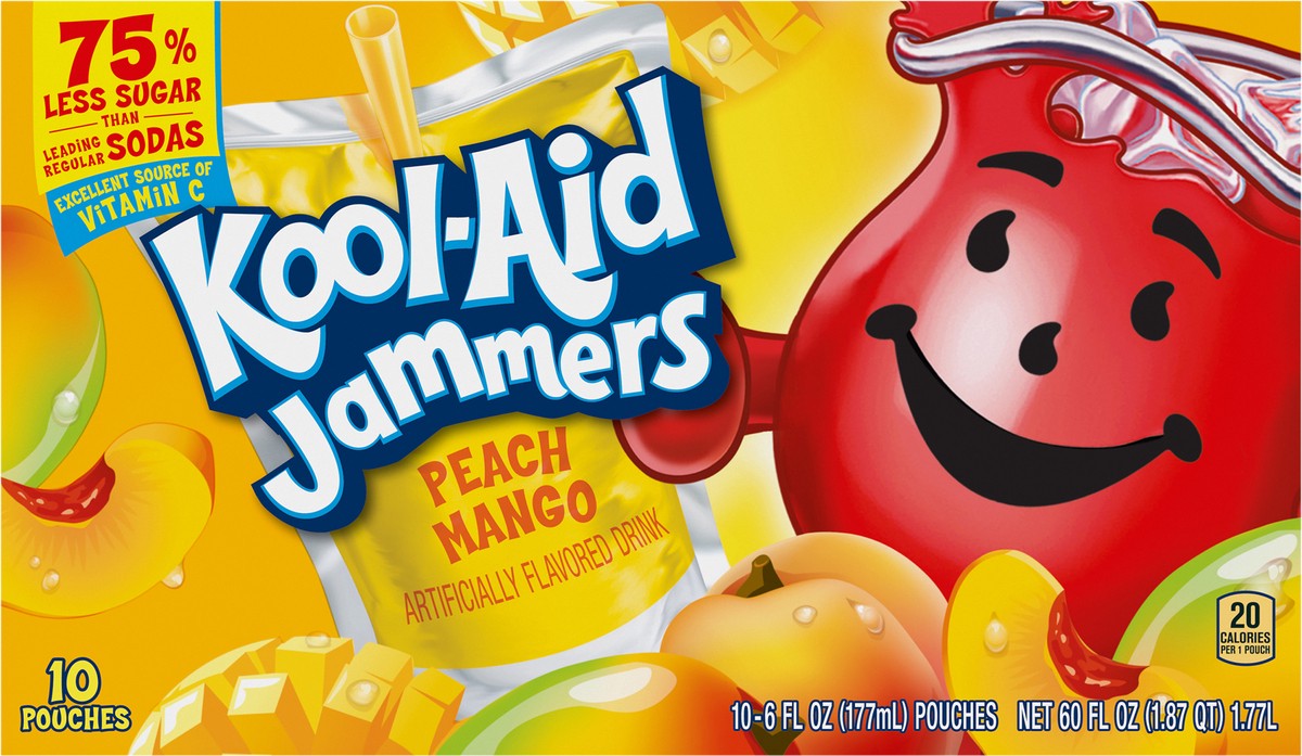 slide 11 of 13, Kool-Aid Jammers Peach Mango Flavored 0% Juice Drink, 10 ct Box, 6 fl oz Pouches, 60 fl oz