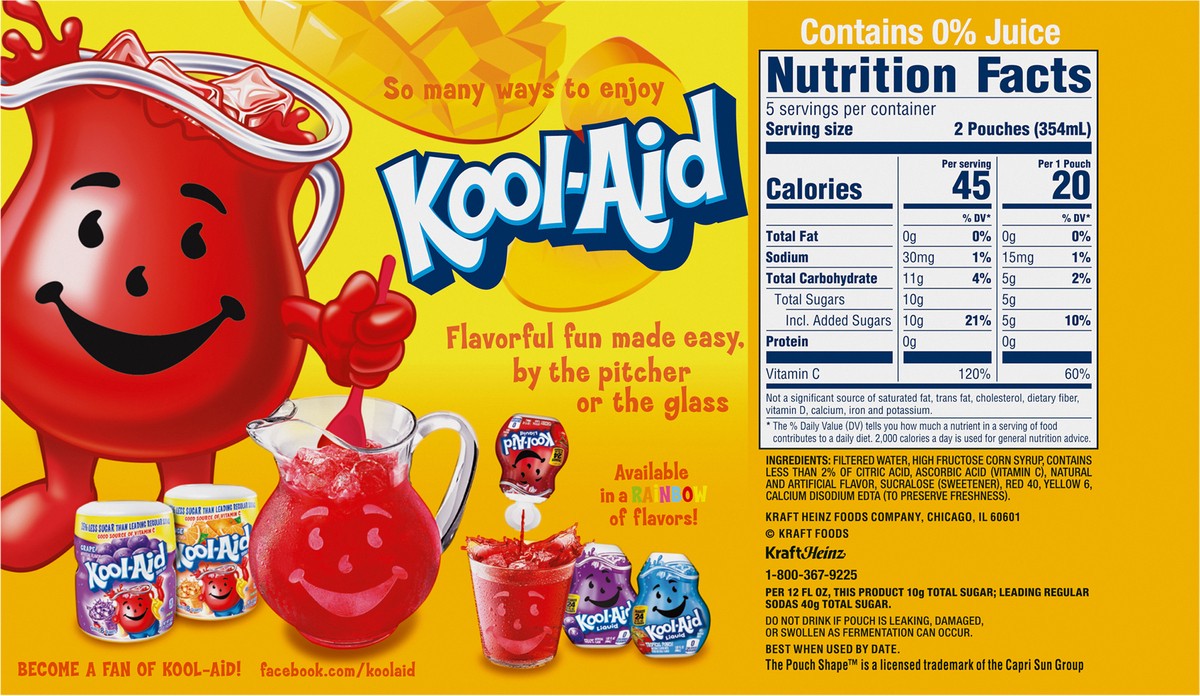 slide 6 of 13, Kool-Aid Jammers Peach Mango Flavored 0% Juice Drink, 10 ct Box, 6 fl oz Pouches, 60 fl oz