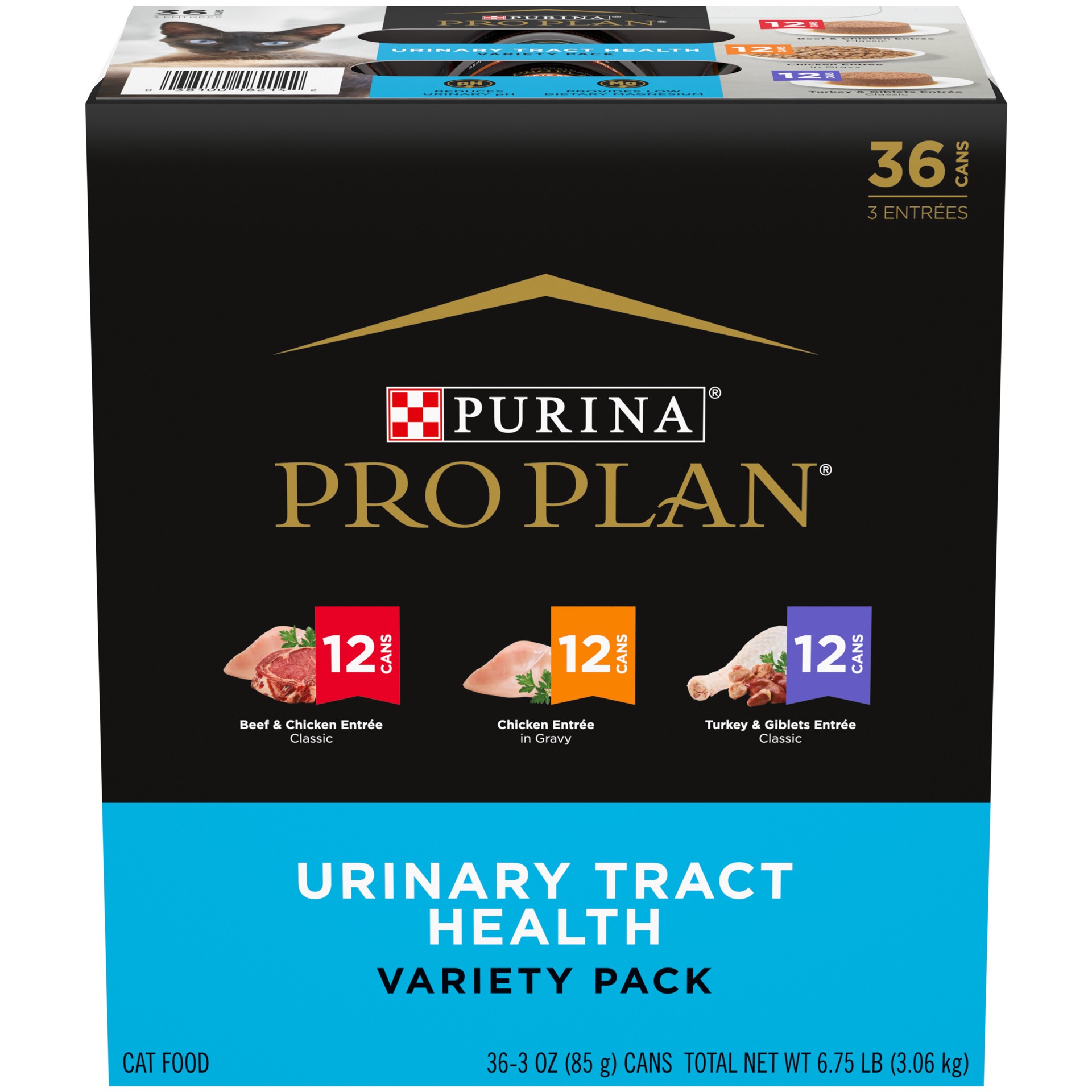 slide 1 of 8, Pro Plan Purina Pro Plan Urinary Cat Food Wet Variety Pack Urinary Tract Health Chicken, Beef and Chicken, and Turkey and Giblets, 6.75 lb