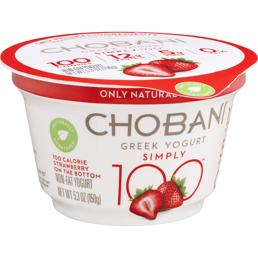 slide 1 of 1, Chobani Simply 100 Non-Fat Greek Yogurt, Strawberry On The Bottom, 5.3 oz