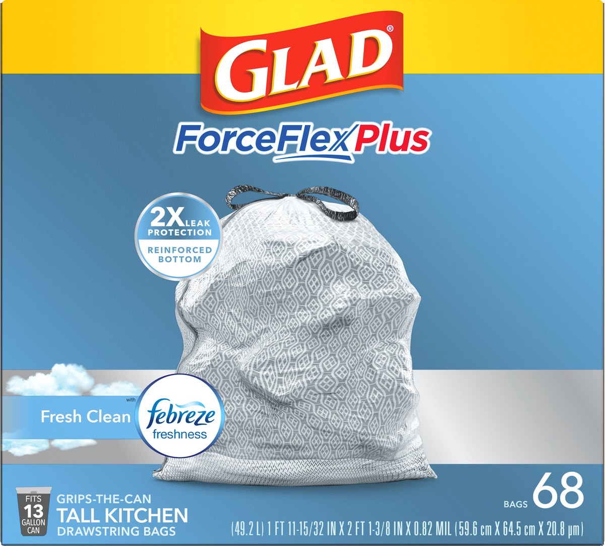 slide 4 of 9, Glad ForceFlex Plus 13 Gallon Drawstring Tall Fresh Clean Kitchen Bags 68 ea, 68 ct