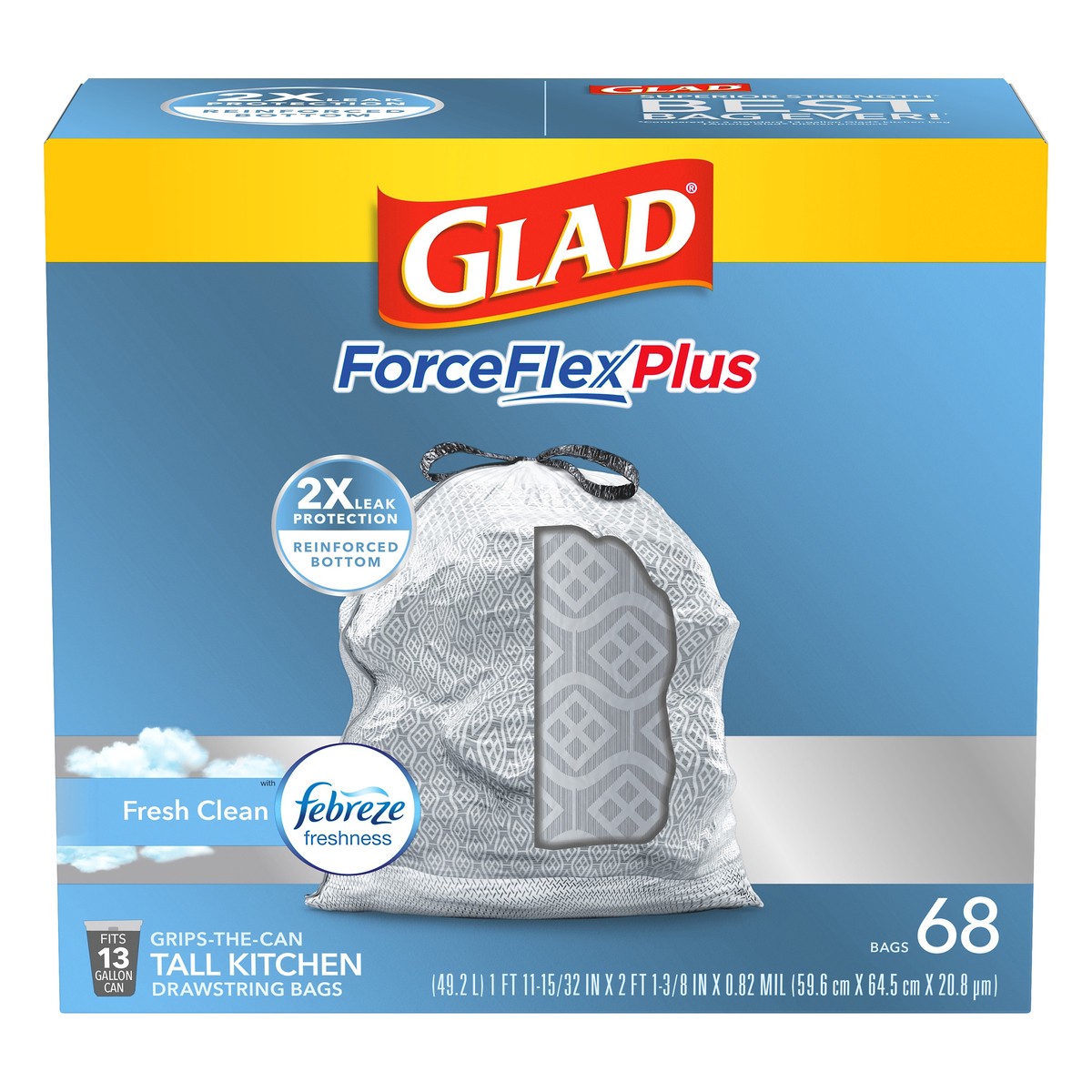 slide 8 of 9, Glad ForceFlex Plus 13 Gallon Drawstring Tall Fresh Clean Kitchen Bags 68 ea, 68 ct