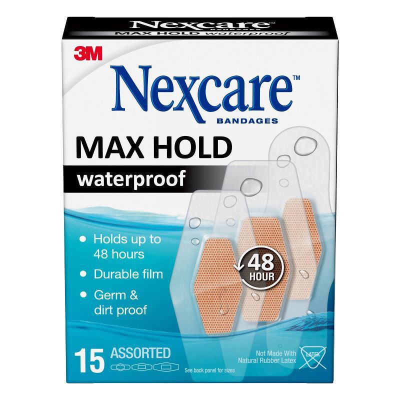 slide 1 of 10, Nexcare Max Hold Waterproof Assorted Bandages, 15 ct