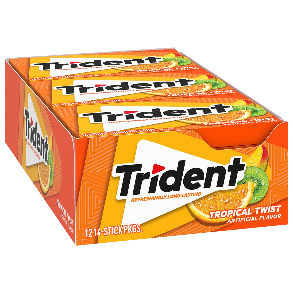 slide 6 of 9, Trident Tropical Twist Sugar Free Gum, 12 Packs of 14 Pieces (168 Total Pieces), 11.26 oz