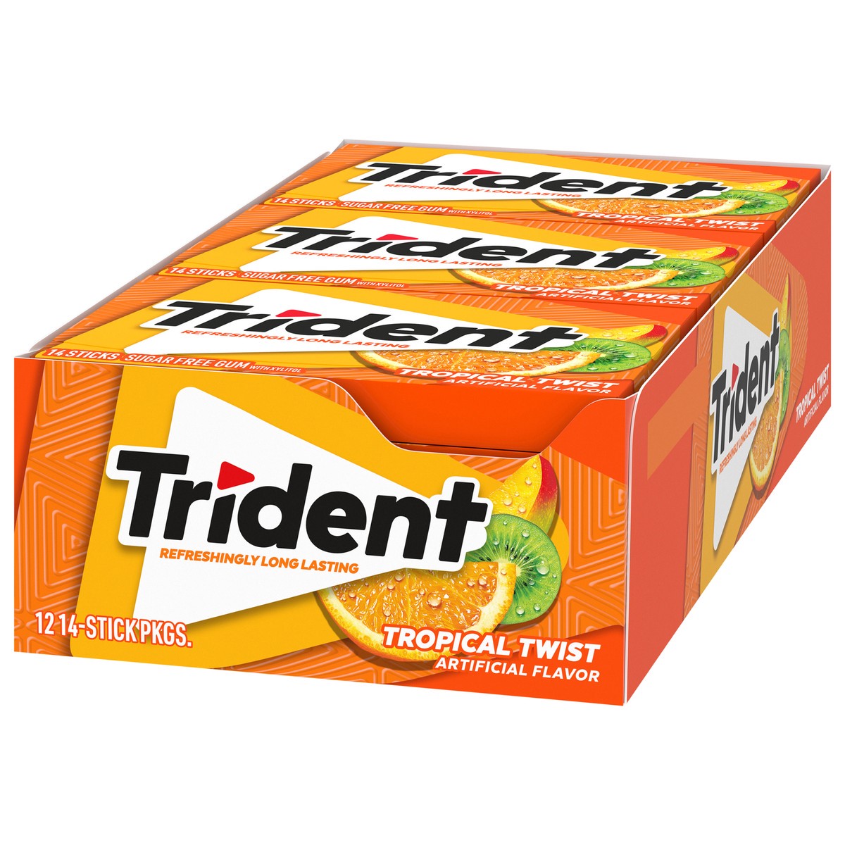 slide 8 of 9, Trident Tropical Twist Sugar Free Gum, 12 Packs of 14 Pieces (168 Total Pieces), 11.26 oz