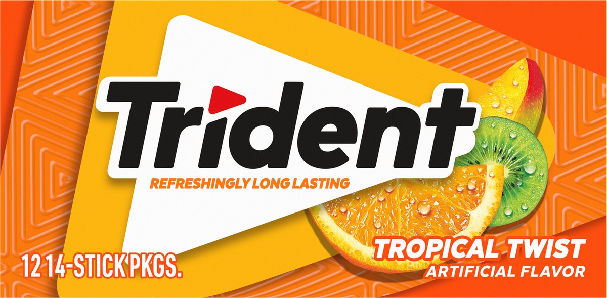 slide 3 of 9, Trident Tropical Twist Sugar Free Gum, 12 Packs of 14 Pieces (168 Total Pieces), 11.26 oz