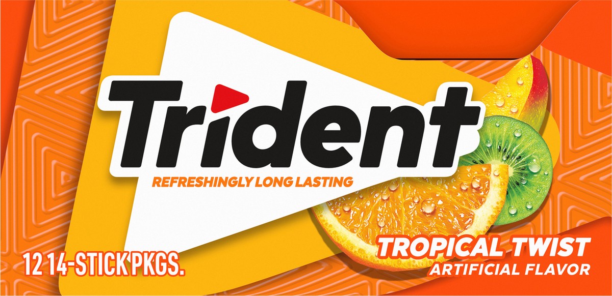 slide 9 of 9, Trident Tropical Twist Sugar Free Gum, 12 Packs of 14 Pieces (168 Total Pieces), 11.26 oz