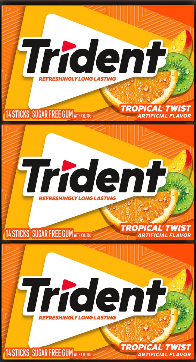 slide 7 of 9, Trident Tropical Twist Sugar Free Gum, 12 Packs of 14 Pieces (168 Total Pieces), 11.26 oz