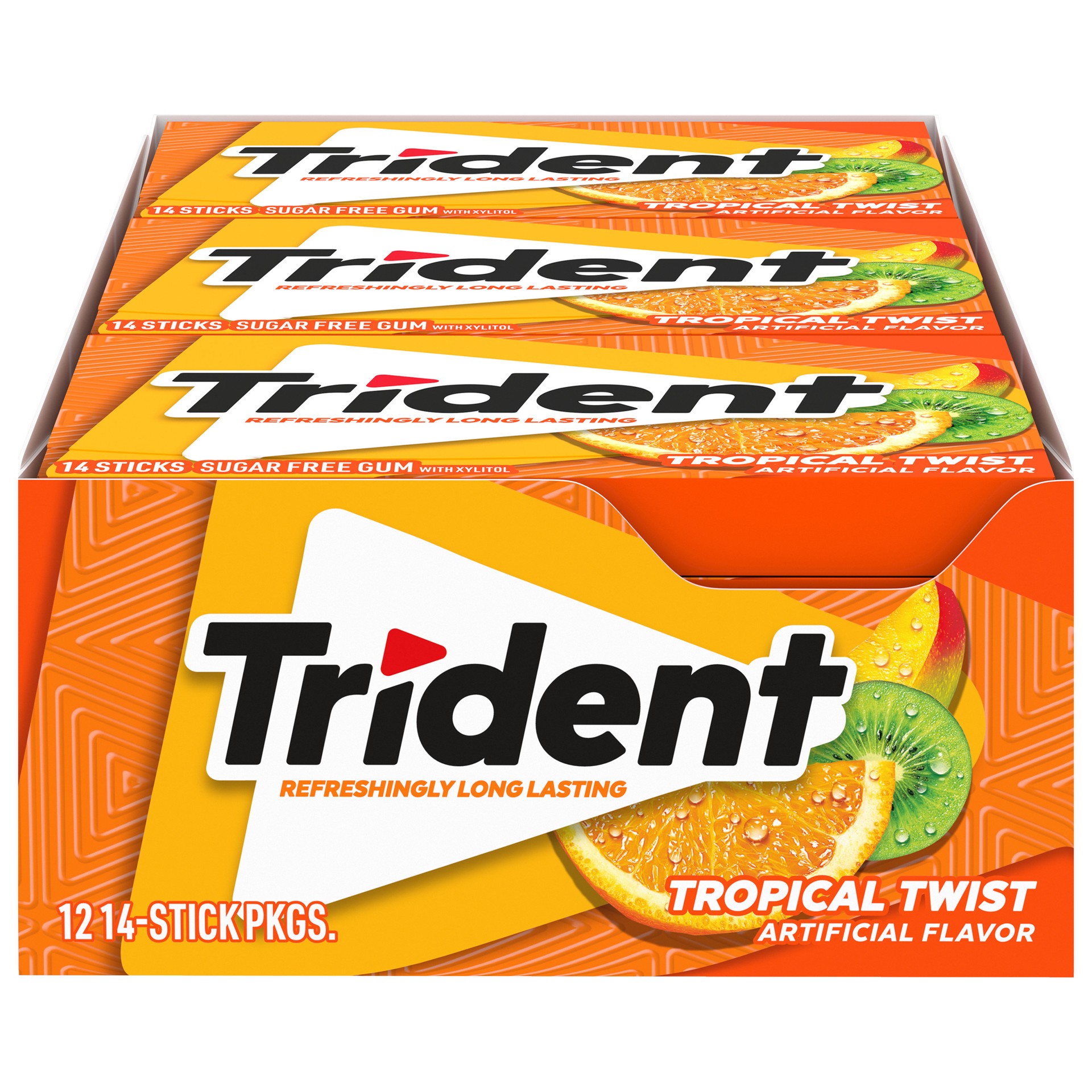 slide 1 of 9, Trident Tropical Twist Sugar Free Gum, 12 Packs of 14 Pieces (168 Total Pieces), 11.26 oz