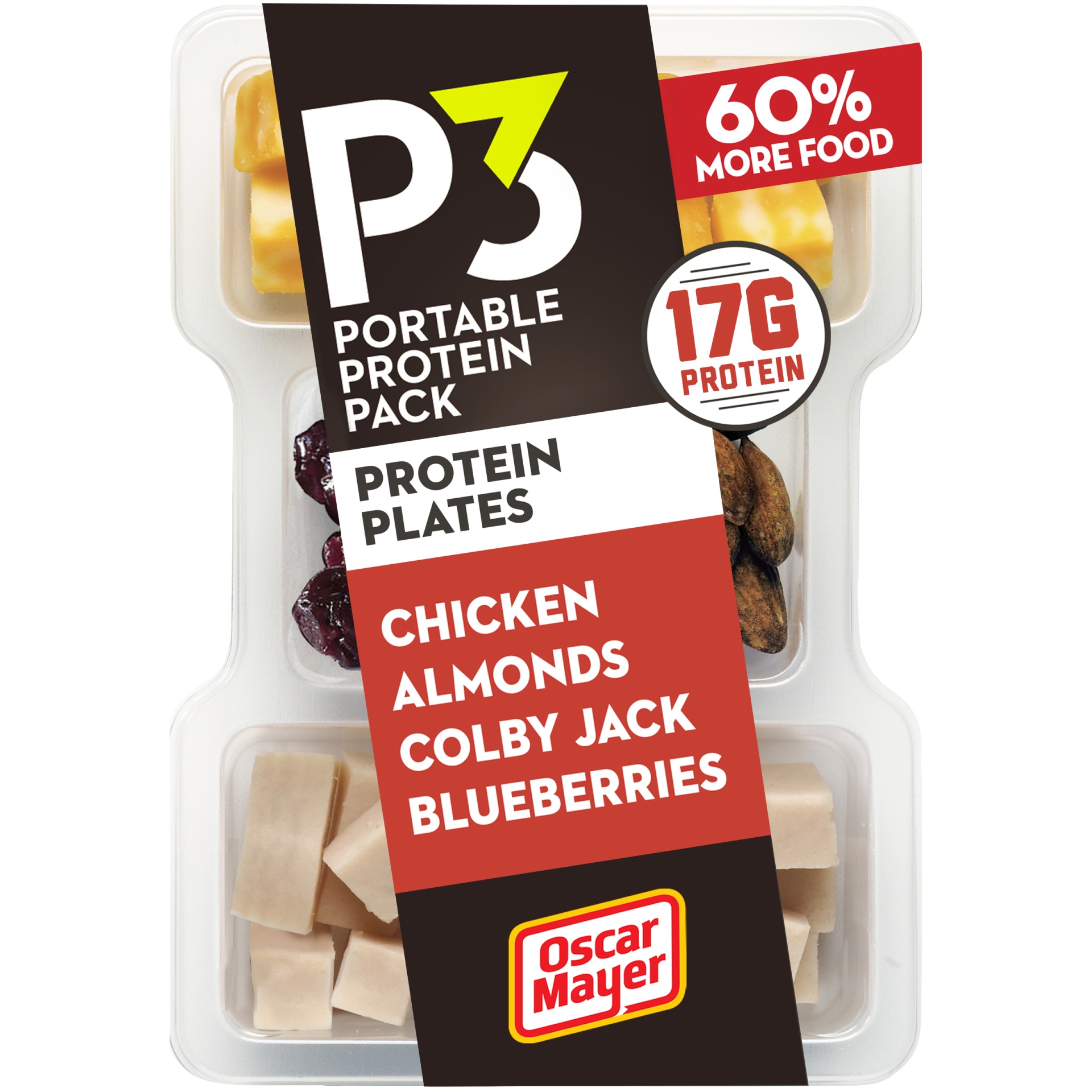 slide 1 of 2, P3 Portable Protein Snack Pack & Protein Plate with Chicken, Almonds, Colby Jack Cheese & Blueberries Tray, 3.2 oz