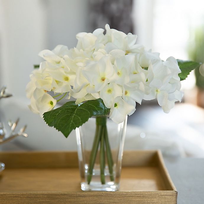 slide 3 of 4, Flora Bunda Artificial Hydrangea Arrangement - White with Clear Glass Vase, 9 in