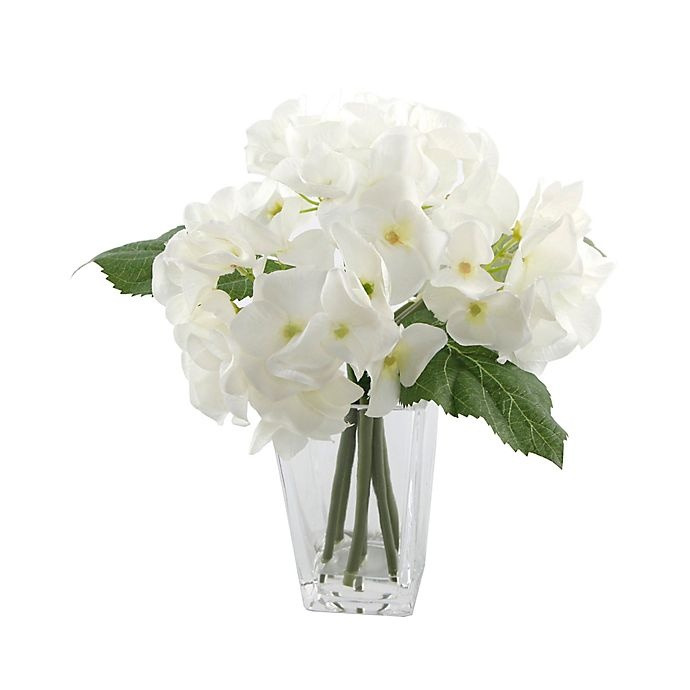 slide 1 of 4, Flora Bunda Artificial Hydrangea Arrangement - White with Clear Glass Vase, 9 in