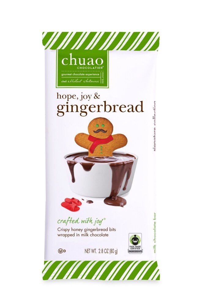 slide 1 of 1, Chuao Chocolatier Holiday Hope, Joy & Gingerbread Milk Chocolate Bar, 2.8 oz