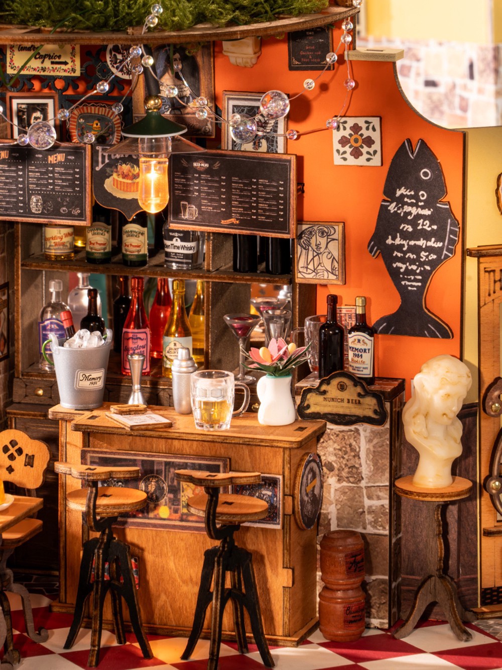 slide 5 of 9, Robotime Rolife Cheers Bar & Dining Diy Miniature House Kit, 8.5 in x 7.32 in x 8.5 in