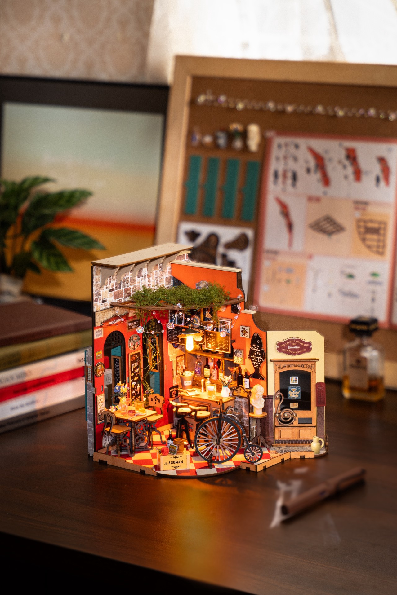 slide 8 of 9, Robotime Rolife Cheers Bar & Dining Diy Miniature House Kit, 8.5 in x 7.32 in x 8.5 in