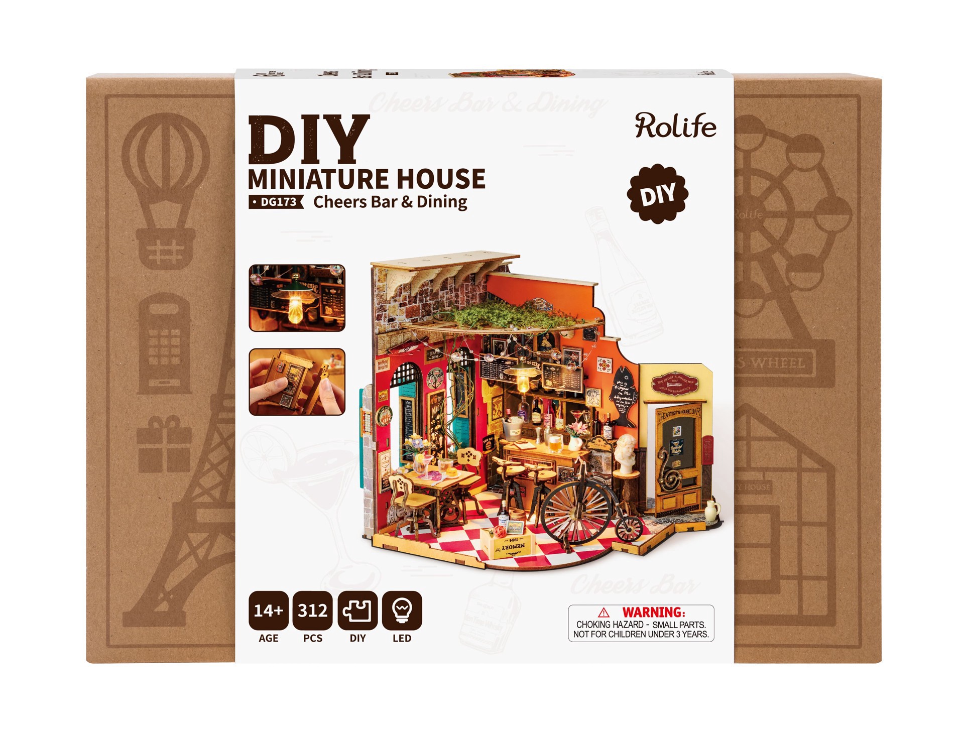 slide 6 of 9, Robotime Rolife Cheers Bar & Dining Diy Miniature House Kit, 8.5 in x 7.32 in x 8.5 in