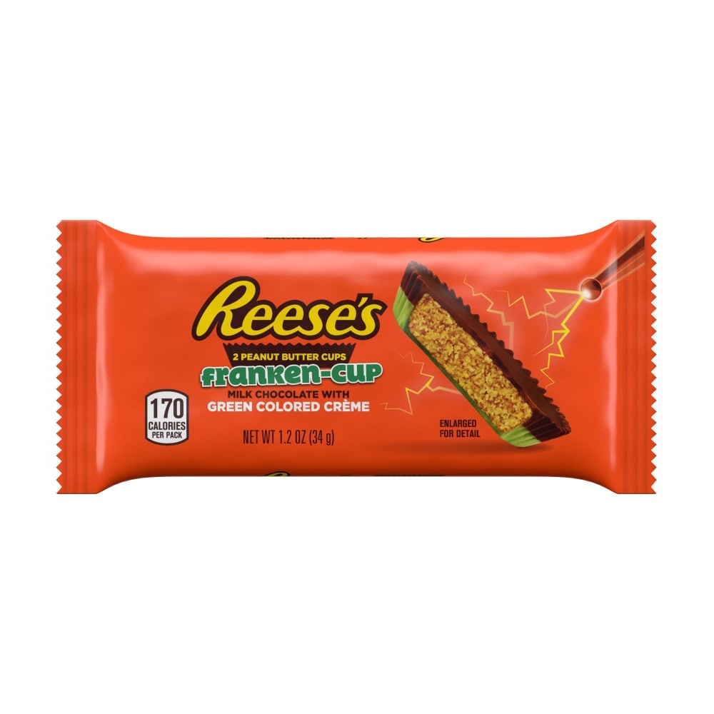 slide 1 of 1, Reese's Milk Chocolate Peanut Butter Cups Green Colored Creme Franken-Cups Halloween Candy, 1.2 oz