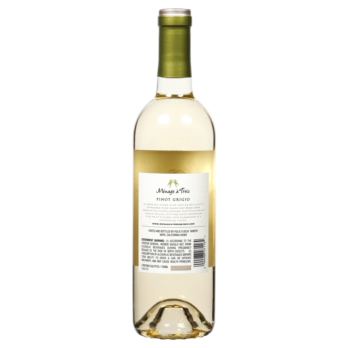 slide 2 of 2, Menage a Trois Pinot Grigio White Wine, 750mL Wine Bottle , 13.2% ABV, 750 ml