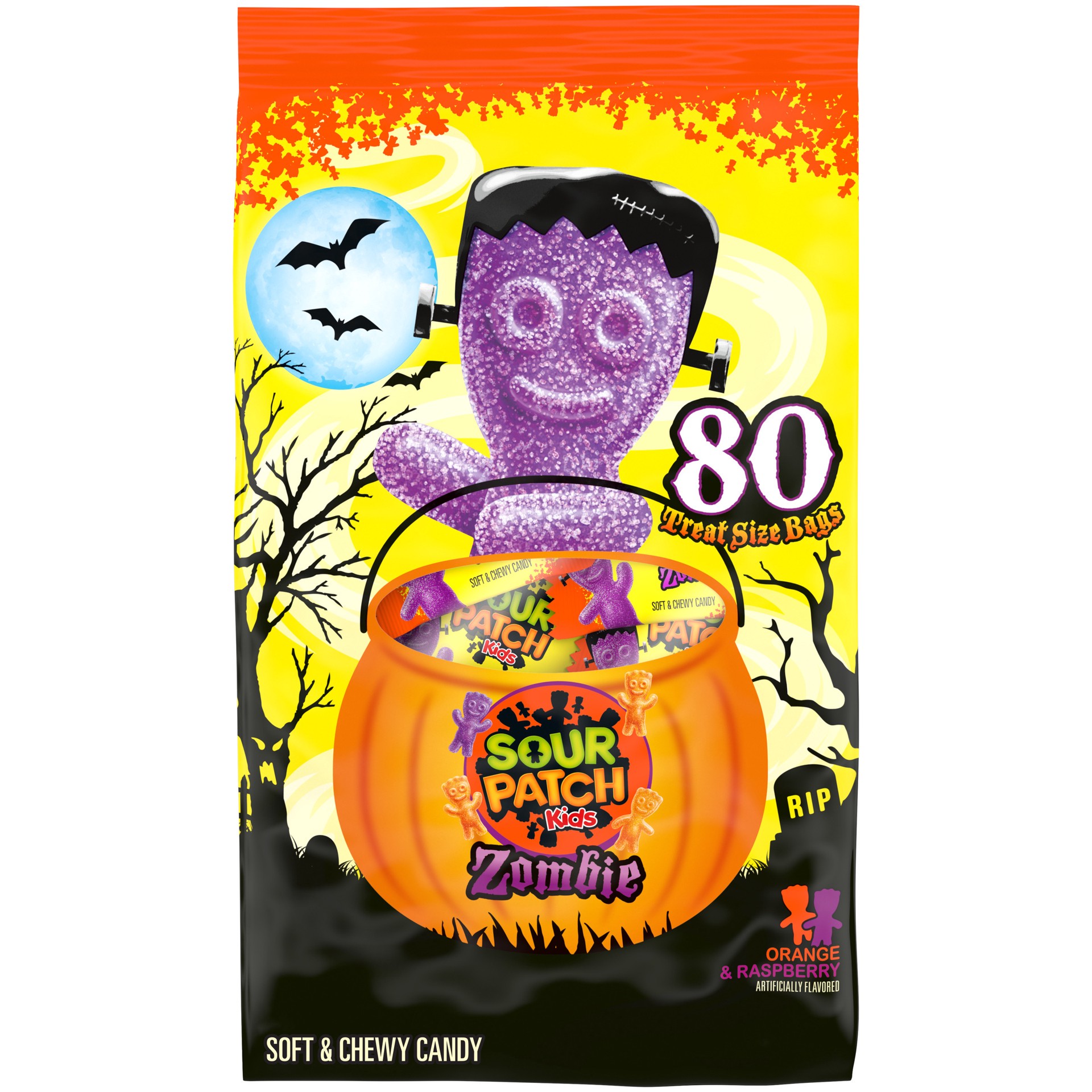 slide 1 of 9, SOUR PATCH KIDS Zombie Orange & Purple Soft & Chewy Halloween Candy, 80 Trick or Treat Bags, 35.27 oz