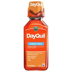 Vicks DayQuil Cold & Flu Relief Liquid Over-the-Counter Medicine, Non-Drowsy Powerful Multi-Symptom Daytime Relief for Headache, Fever, Sore Throat, Minor Aches and Pains, Nasal Congestion, Sinus Pressure, and Cough, 12 FL OZ