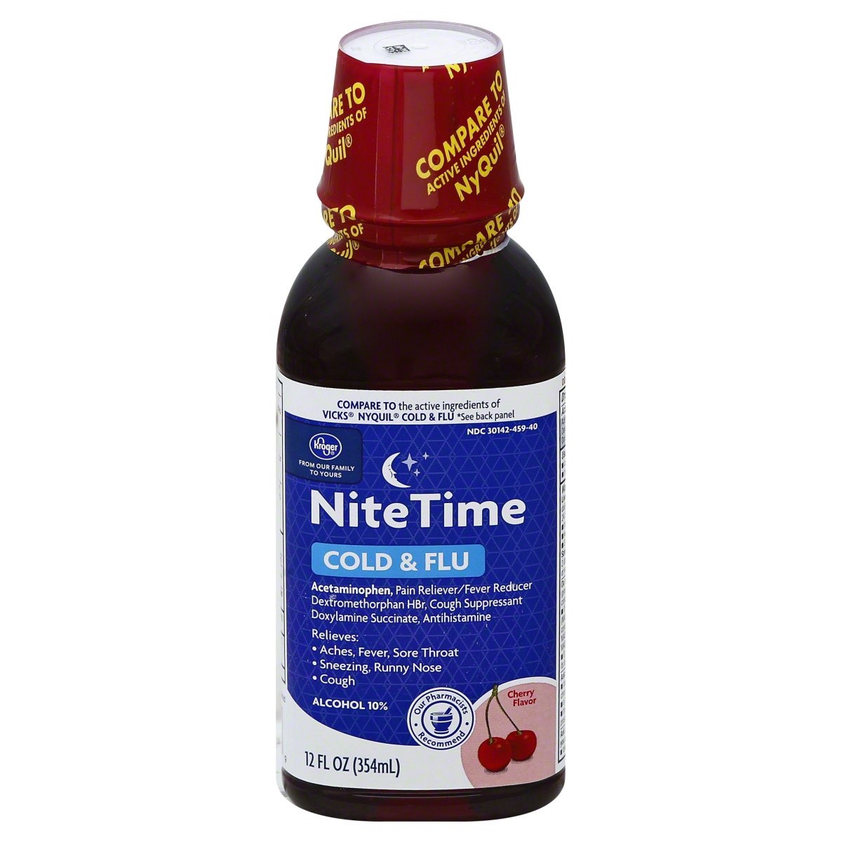 slide 1 of 1, Kroger Multi-Symptom Cherry Flavored Nitetime Cold & Flu Relief, 12 fl oz