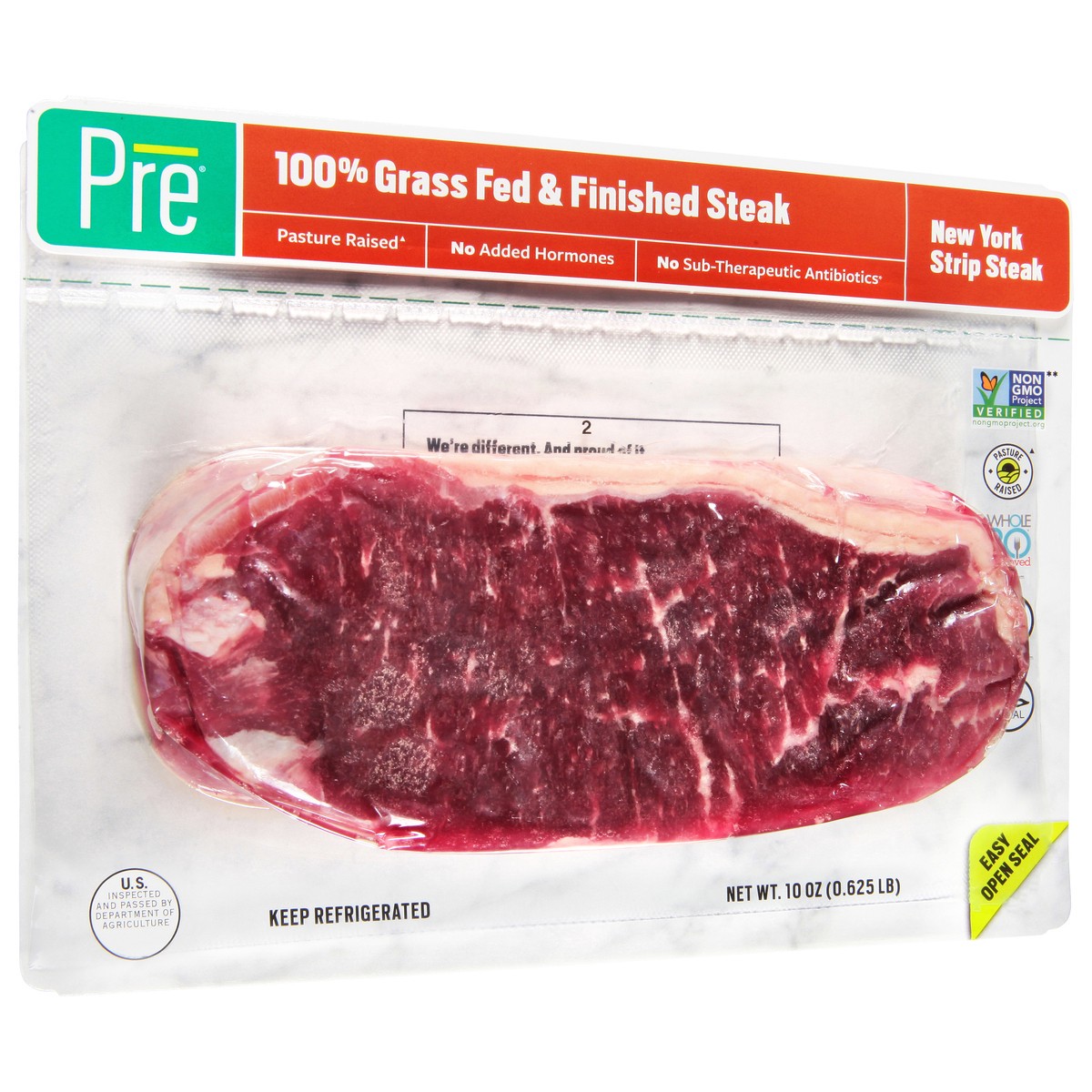 slide 5 of 14, Pre 100% Grass-Fed & Finished Beef New York Strip Steak 10 oz, 10 oz