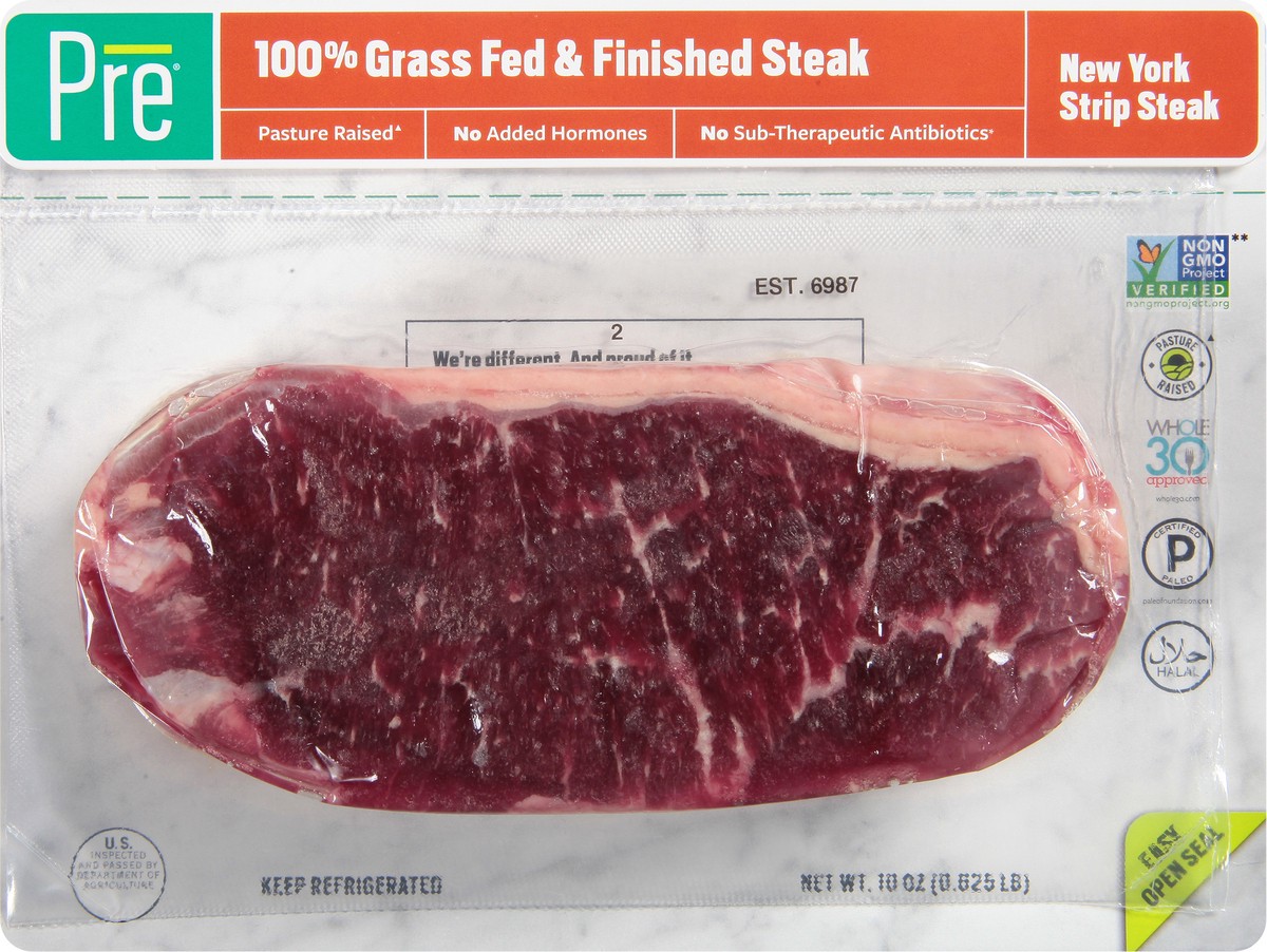 slide 14 of 14, Pre 100% Grass-Fed & Finished Beef New York Strip Steak 10 oz, 10 oz