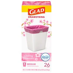 Glad OdorShield Medium Drawstring Trash Bags, 8 Gallon, Febreze Cherry Blossom, 26 Count