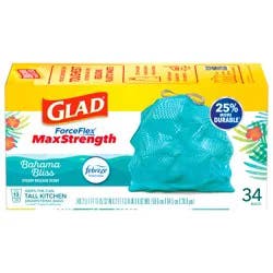 Glad ForceFlex MaxStrength Tall Kitchen Drawstring Trash Bags, 13 Gallon, Bahama Bliss with Febreze Freshness, 34 Count