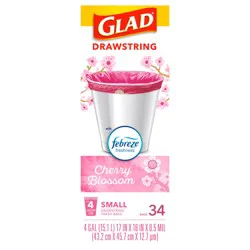Glad Odorshield Small Drawstring Trash Bags, 4 Gallon, Febreze Cherry Blossom, 34 Count