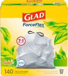 Glad ForceFlex Tall Kitchen Drawstring Trash Bags, 13 Gallon, Gain Original with Febreze Freshness, 140 count