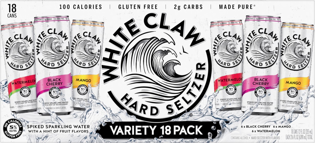 slide 3 of 9, White Claw Variety 18 Pack Spiked Black Cherry/Mango/Watermelon Hard Seltzer 18 ea, 18 ct