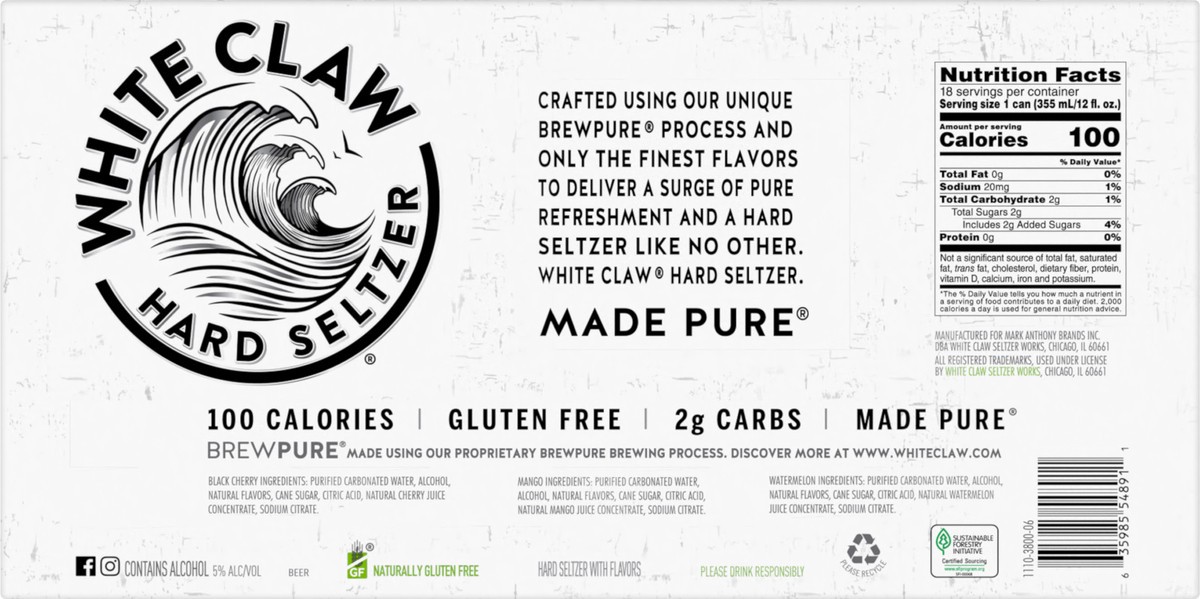 slide 7 of 9, White Claw Variety 18 Pack Spiked Black Cherry/Mango/Watermelon Hard Seltzer 18 ea, 18 ct