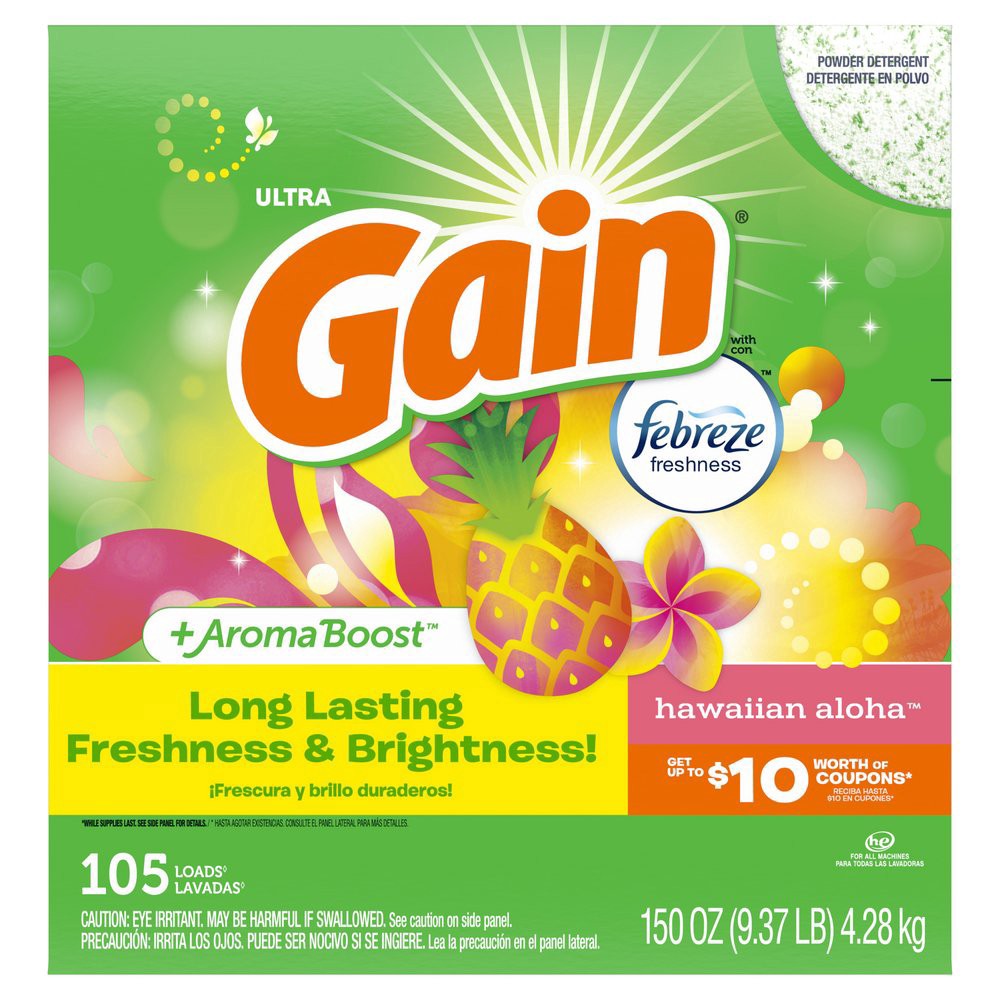 slide 1 of 1, Gain Febreze Aroma Boost HE Powder Laundry Detergent, 105 Loads - Hawaiian Aloha, 150 oz