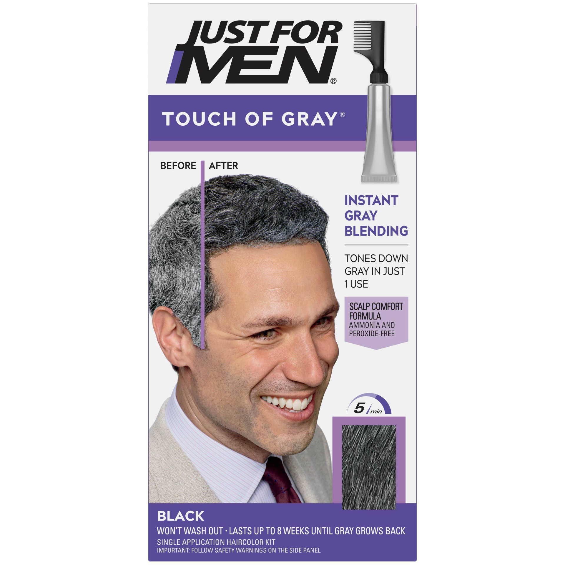 slide 1 of 6, Just for Men Touch Of Gray Instant Gray Blending Hair Color, Black, 1.4 oz